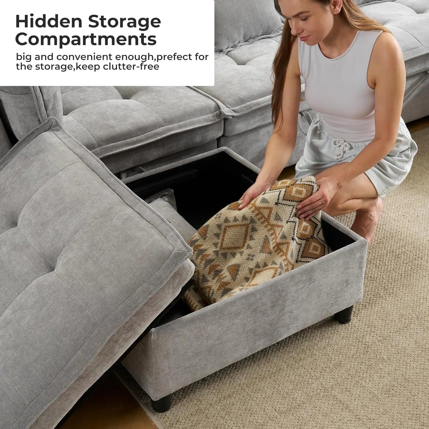 133' U-Shaped Modern Sofa Oversized L-Shaped Sectional Cloud Couch with 2 Ottomans Customizable Home Theater Seating Group