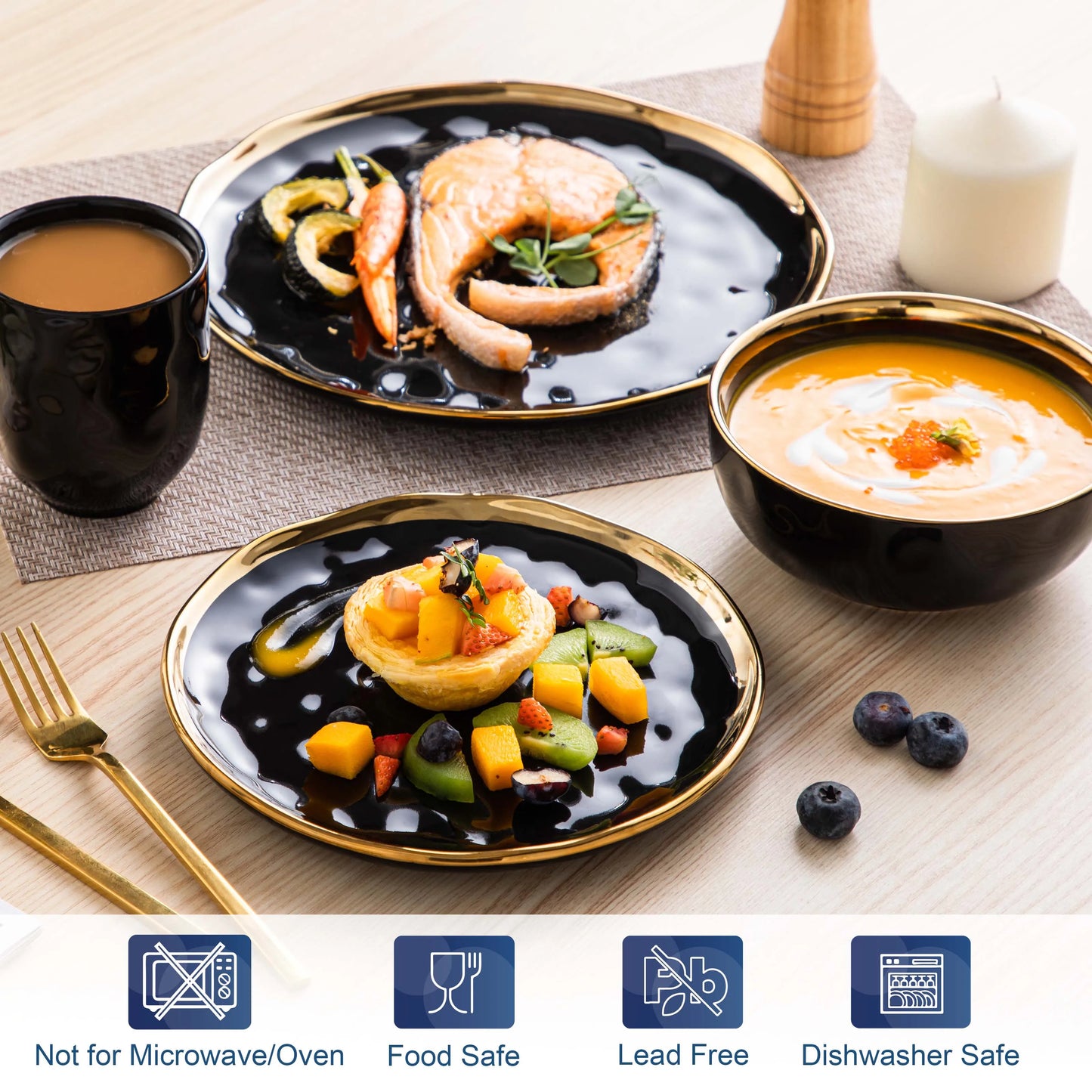 MALACASA Porcelain Dinnerware Set With Gold Trim Everyday Use