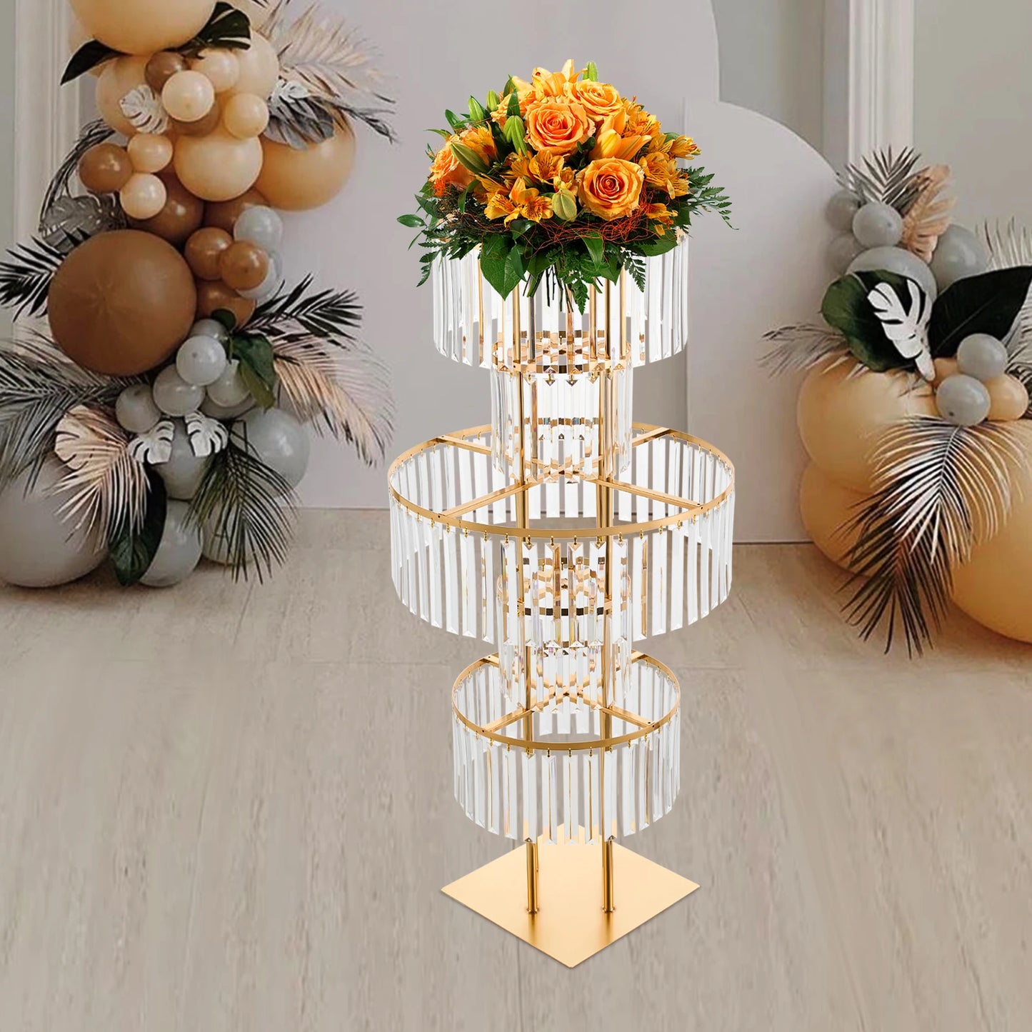 5 Tiers Wedding Flower Stand Acrylic Wedding Centerpiece with Crystal Pendants Gold/Silver for Ceremony Aisle Banquet Decoration