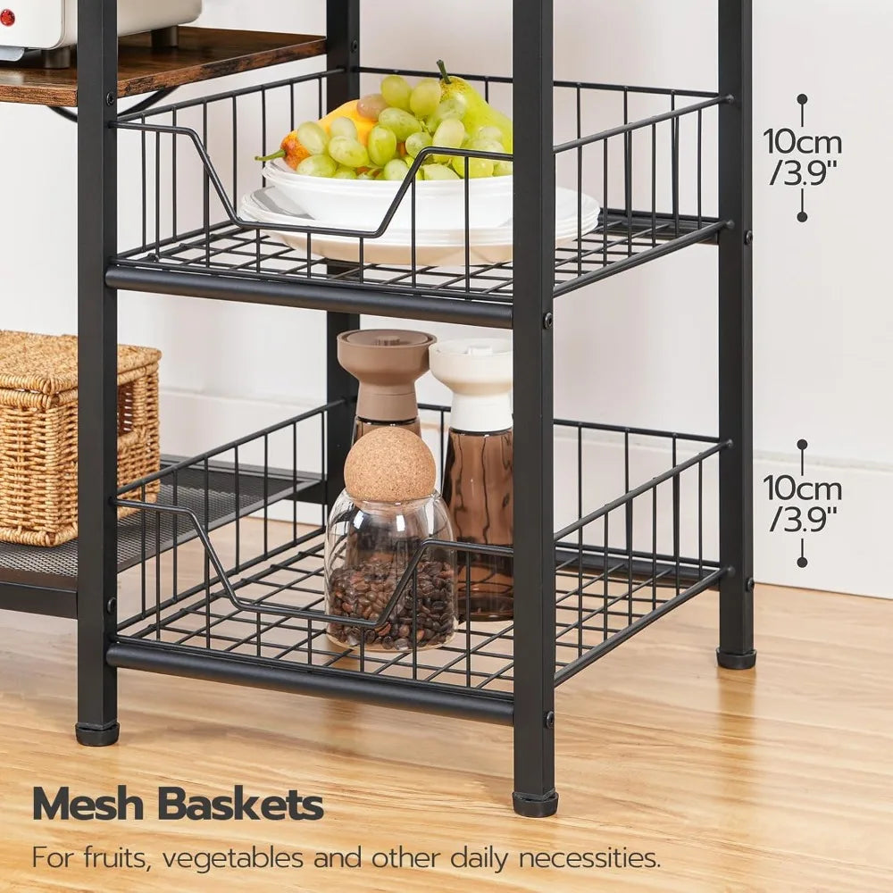 HOOBRO Large Bakers Rack with Power Outlets, 6-Tier Microwave Stand with 4 Hooks, Coffee Bar, Kitchen Shelf with Wire Basket, fo
