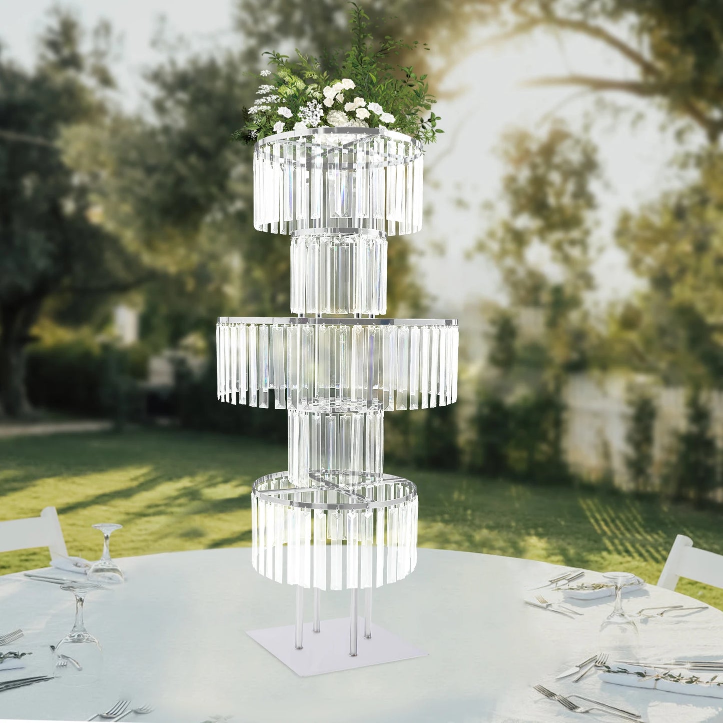 5 Tiers Wedding Flower Stand Acrylic Wedding Centerpiece with Crystal Pendants Gold/Silver for Ceremony Aisle Banquet Decoration