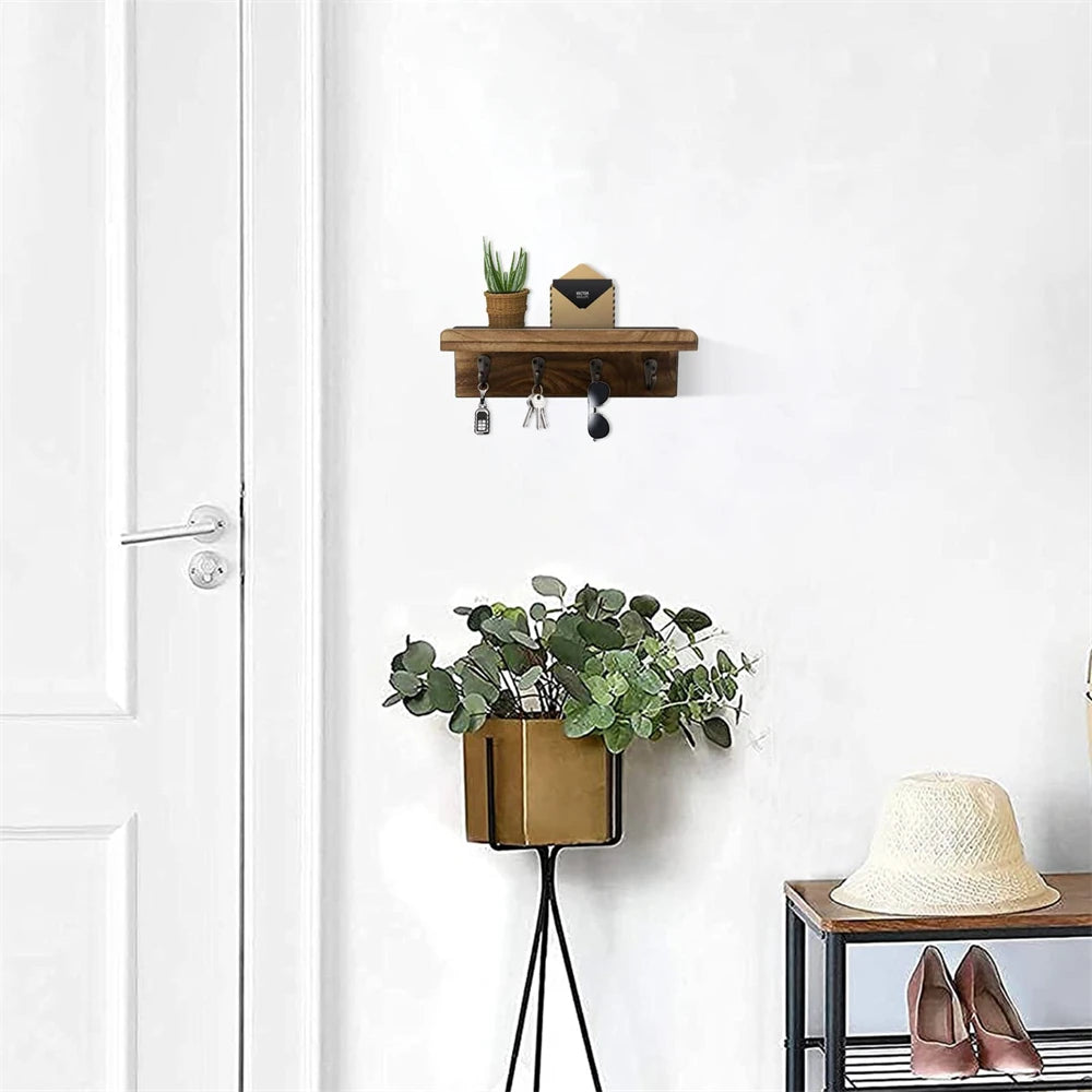Rustic Wood Key Holder Wall Mount With Four Hooks Decor