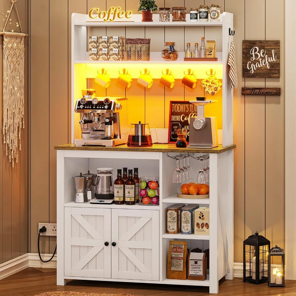 Bakers Rack with Power Outlet and Storage, Farmhouse Coffee Bar Cabinet, Microwave Stand Kitchen Cabinet with Hutch