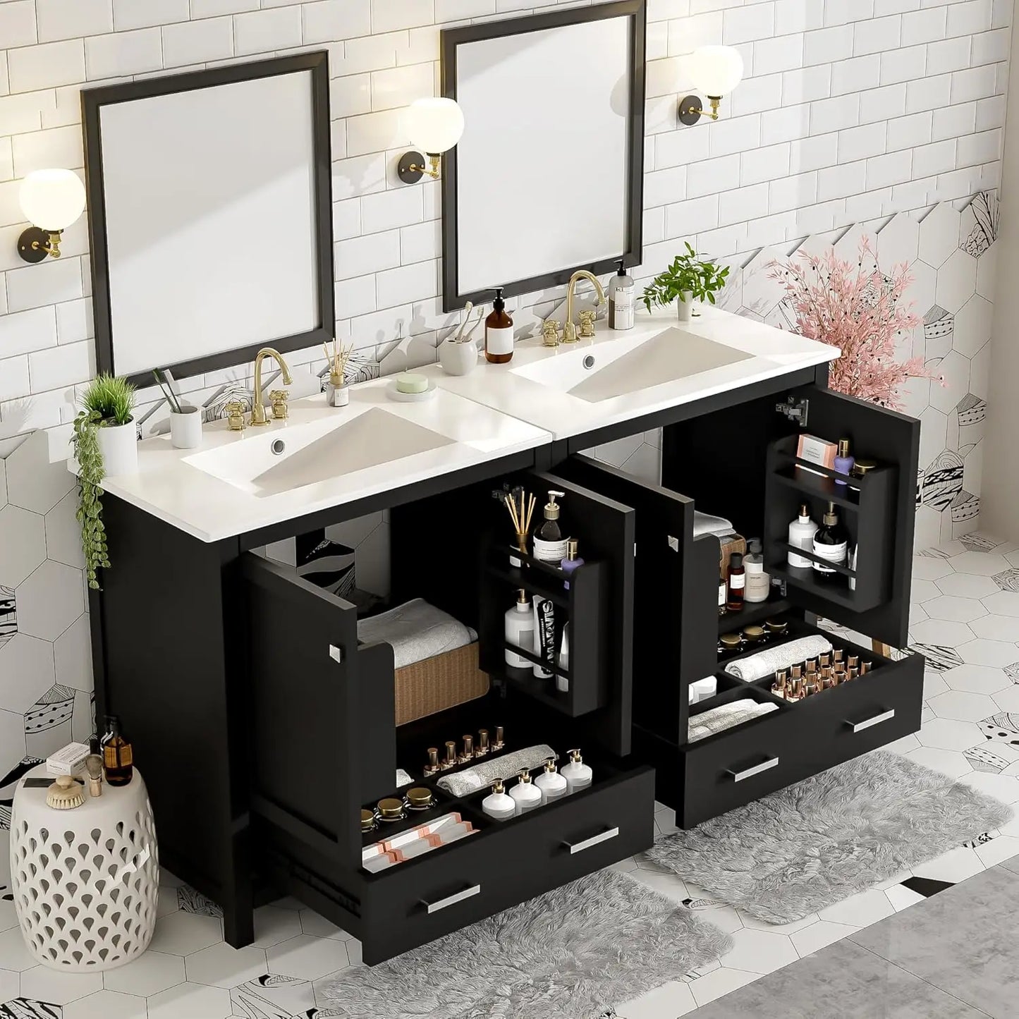 Double Sink Bathroom Vanity Solid Wood Cabinet With Storage Drawers