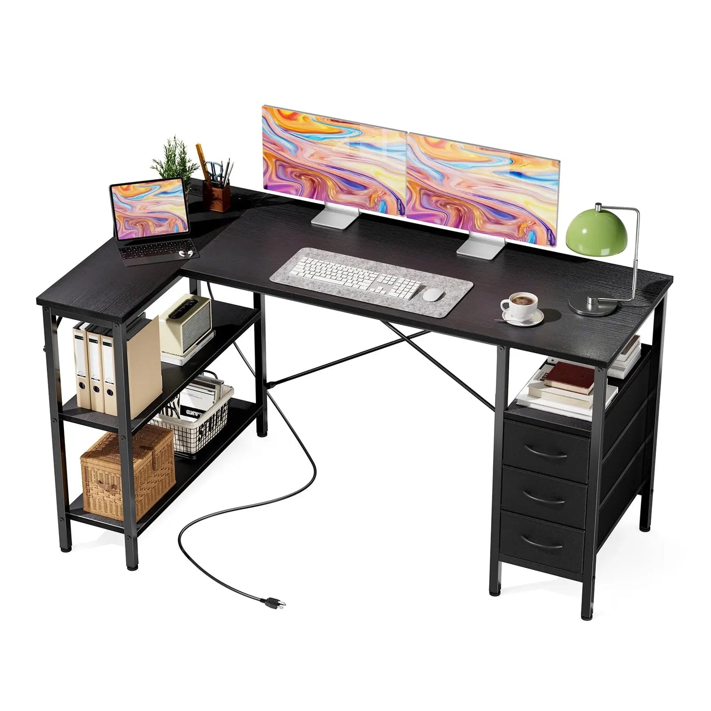 JHK L Shaped Desk With Shelves And Drawers