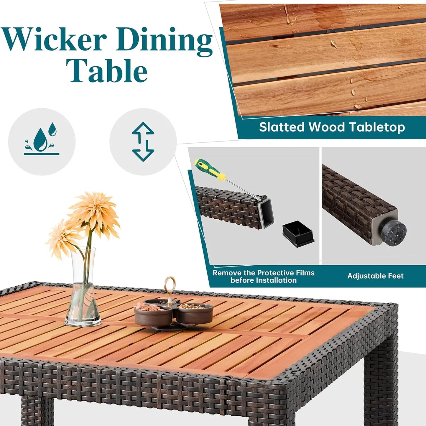 Patio Dining Set With Wicker Chairs And Wood Table Top
