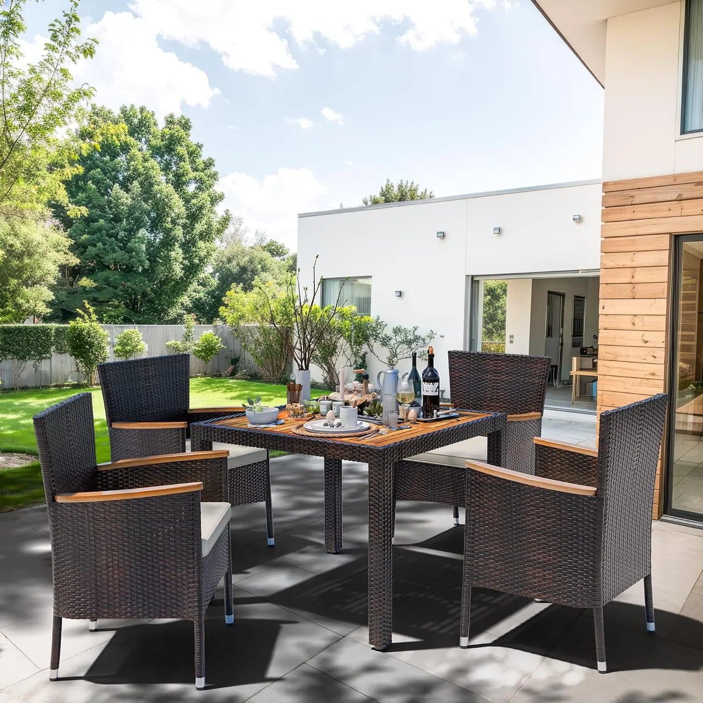 Patio Dining Set With Wicker Chairs And Wood Table Top