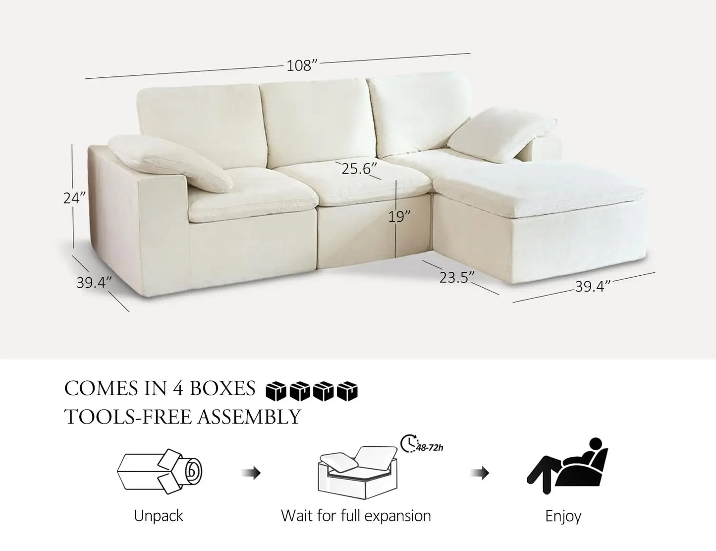 108'' Boneless Sectional Couch Cloud Sofa with Ottoman, Modular High-Resilience Foam Couches for Living Room, Large, Customized