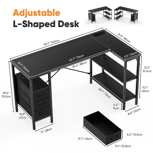 JHK L Shaped Desk With Shelves And Drawers
