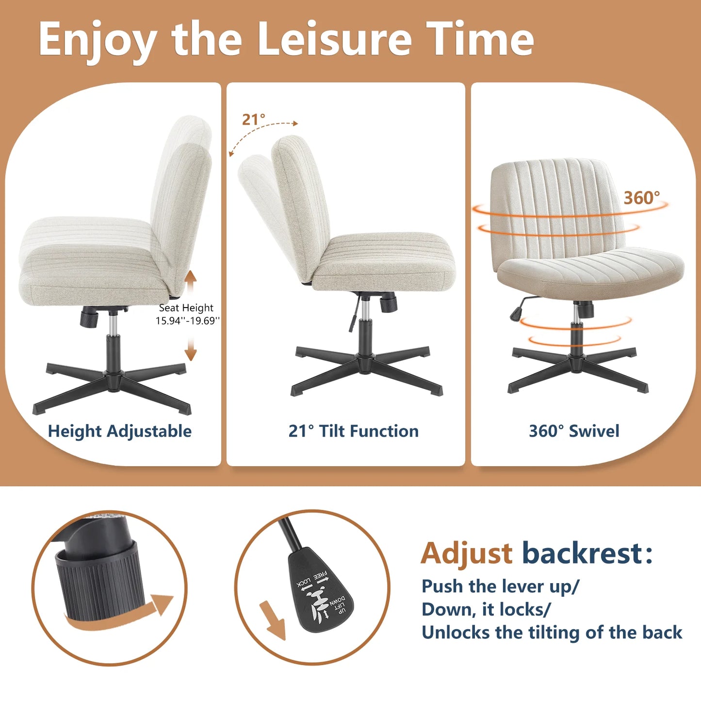 JHK Cross Legged Office Rocking Chair Armless Adjustable Swivel