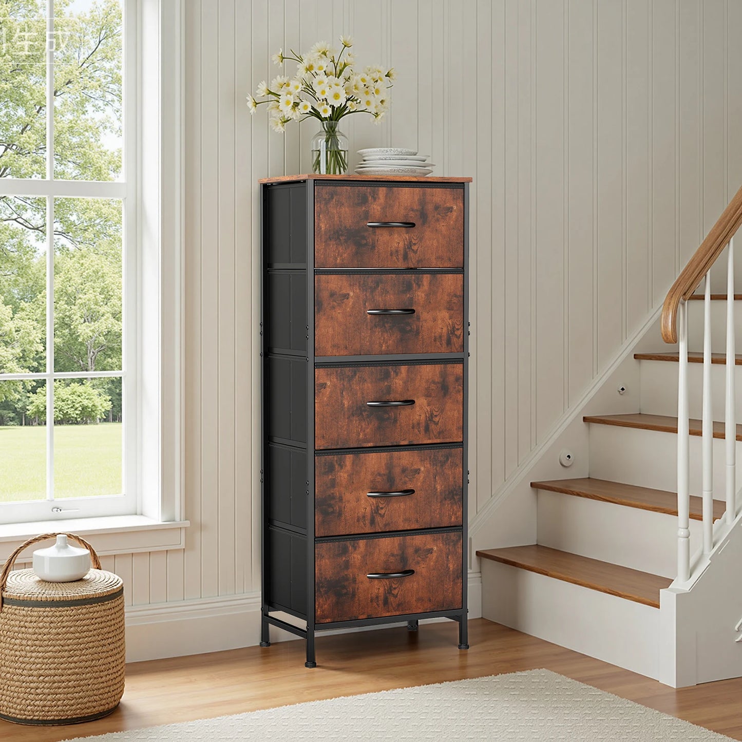 JHK 48 Inch Dresser With 5 Fabric Drawers Bedroom Storage Cabinet