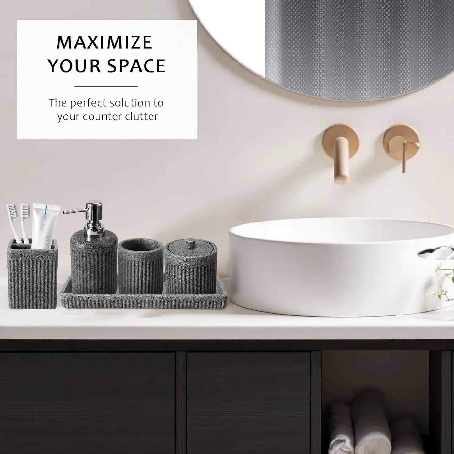 8-Piece Grey Bathroom Set with Shower Curtain, Rugs, Soap Dispenser & Organizers - Resin Accessories for Modern Homes