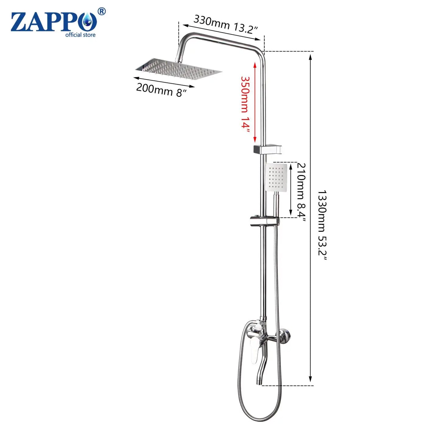 ZAPPO Bathroom Shower Faucet Wall Mount Chrome Polish Rainfall  Shower Faucet Set Bathtub Mixer Tap Bathroom Adjust Height