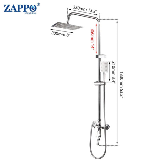 ZAPPO Bathroom Shower Faucet Wall Mount Chrome Polish Rainfall  Shower Faucet Set Bathtub Mixer Tap Bathroom Adjust Height