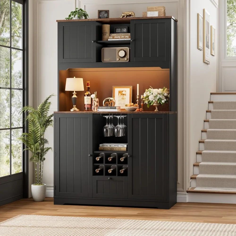71" Pantry Cabinet with LED Light and Charging Station, Kitchen Pantry Cabinet with Microwave Stand, Kitchen Hutch, Customized