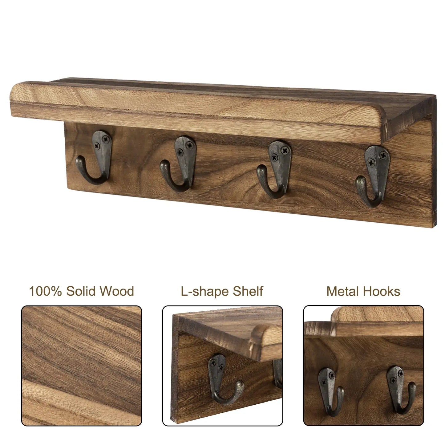 Rustic Wood Key Holder Wall Mount With Four Hooks Decor