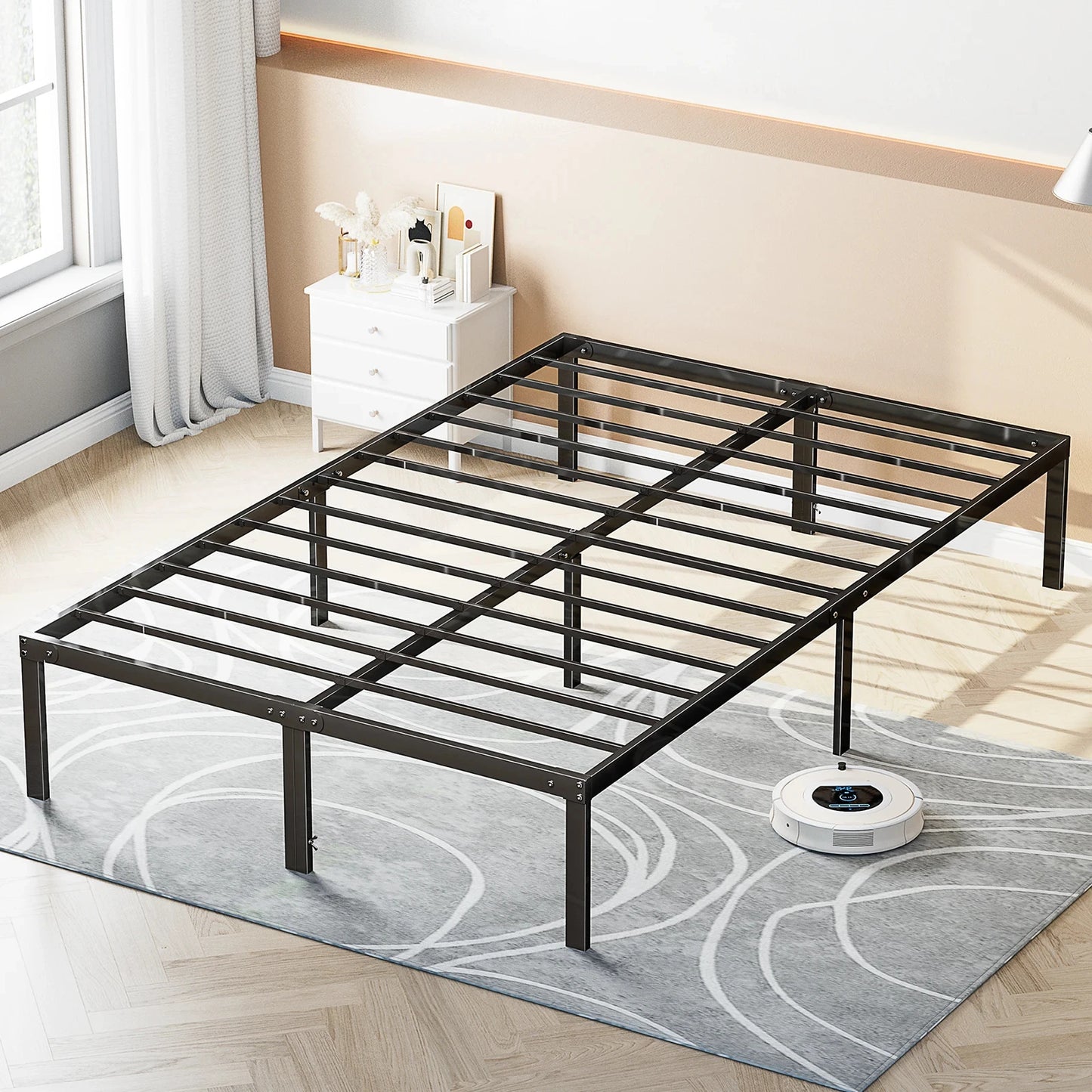 JHK Metal Bed Frame With Storage And Solid Slat Support