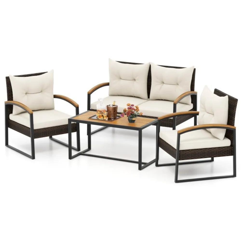 Patio Outdoor Rattan Conversation Sofa Set With Tabletop Cushions
