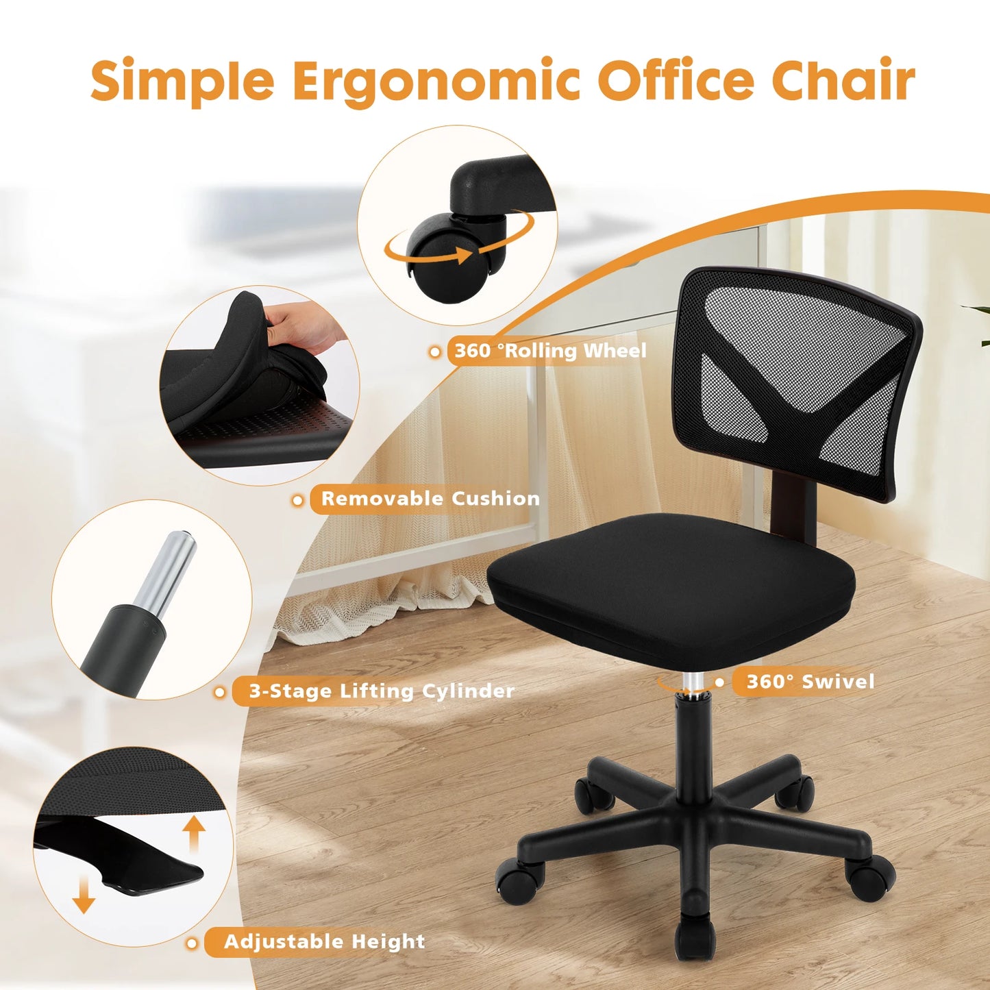 JHK Mesh Lumbar Support Adjustable Armless Office Chair With Wheels