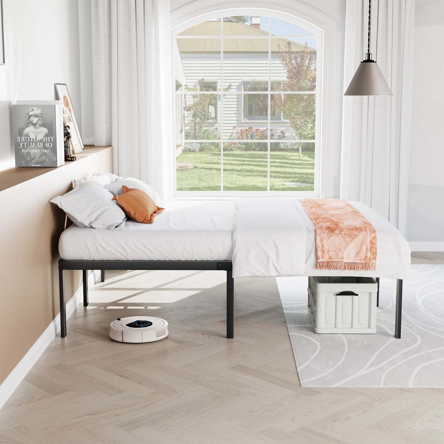 JHK Metal Bed Frame With Storage And Solid Slat Support