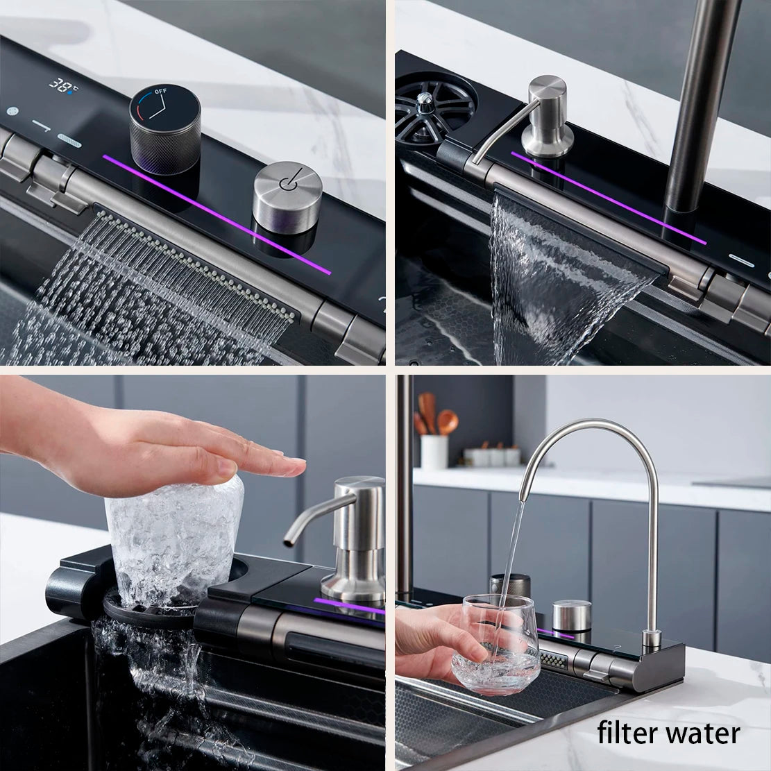 Stainless Steel Kitchen Waterfall Sink With Digital Display