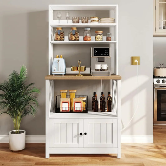 YITAHOME White Microwave Stand Bakers Rack Cabinet, Farmhouse Freestanding Small Kitchen Pantry Hutch Tall w Door Power Outlet T