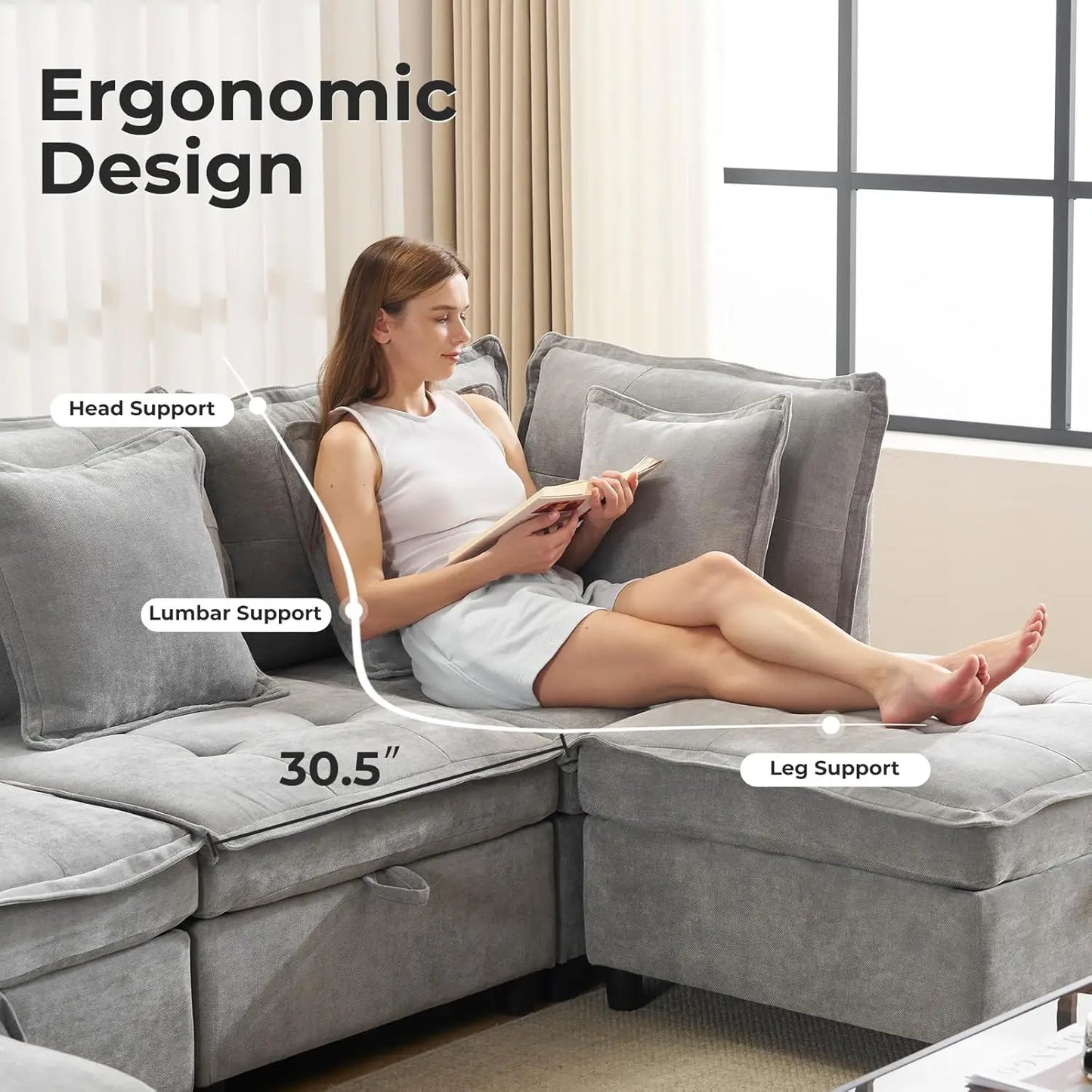 133' U-Shaped Modern Sofa Oversized L-Shaped Sectional Cloud Couch with 2 Ottomans Customizable Home Theater Seating Group