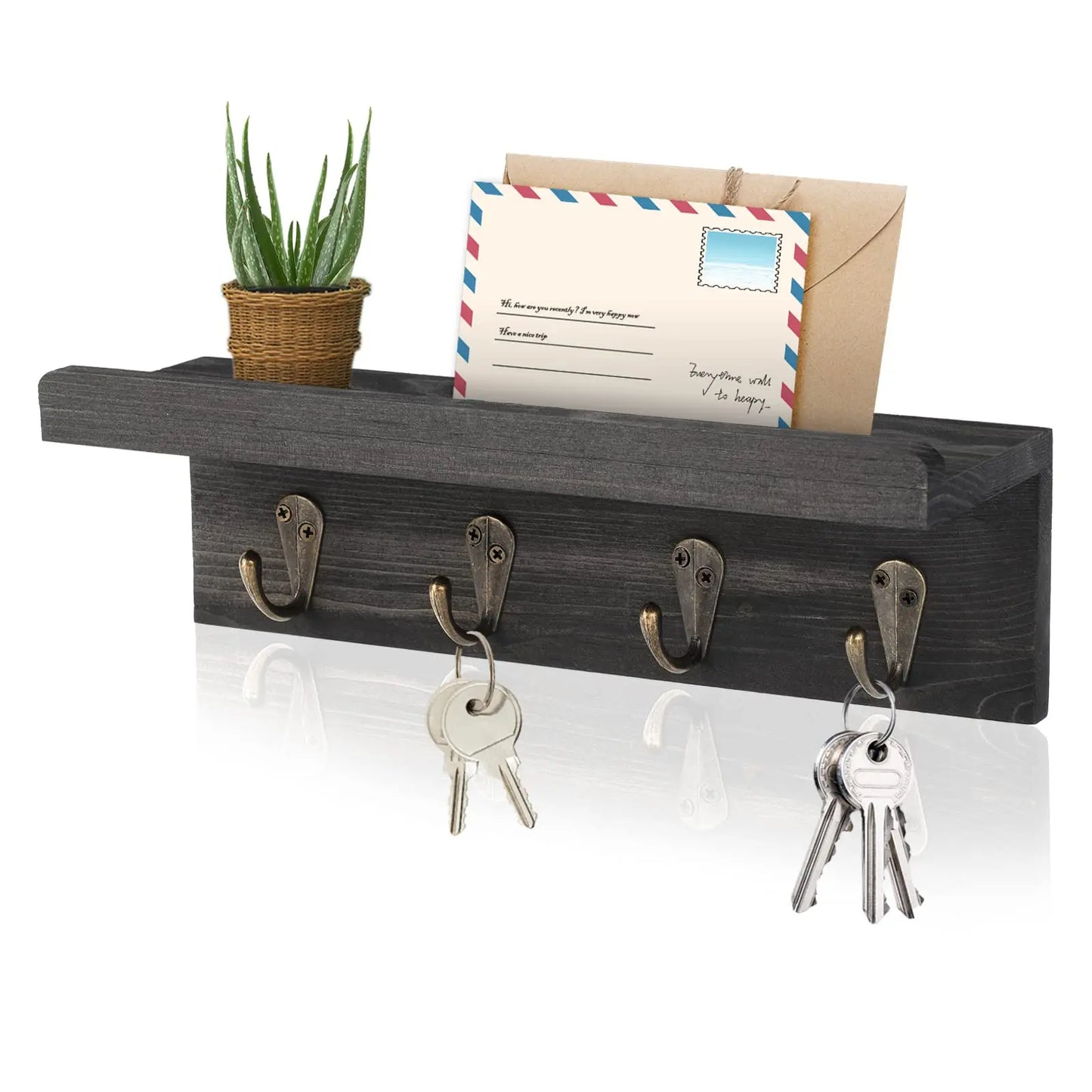 Rustic Wood Key Holder Wall Mount With Four Hooks Decor