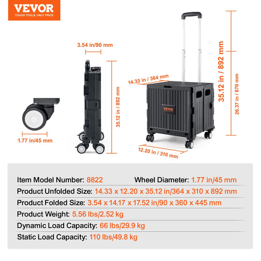 SucceBuy Foldable Utility Shopping Cart Folding Portable Crate Handcart with Telescope Handle Wheels for Travel Office Garden