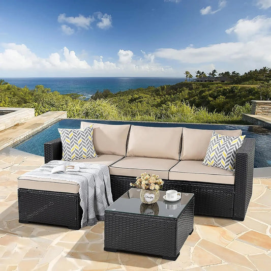 Outdoor Three-Piece Rattan Sectional Set With Glass Table Cushions
