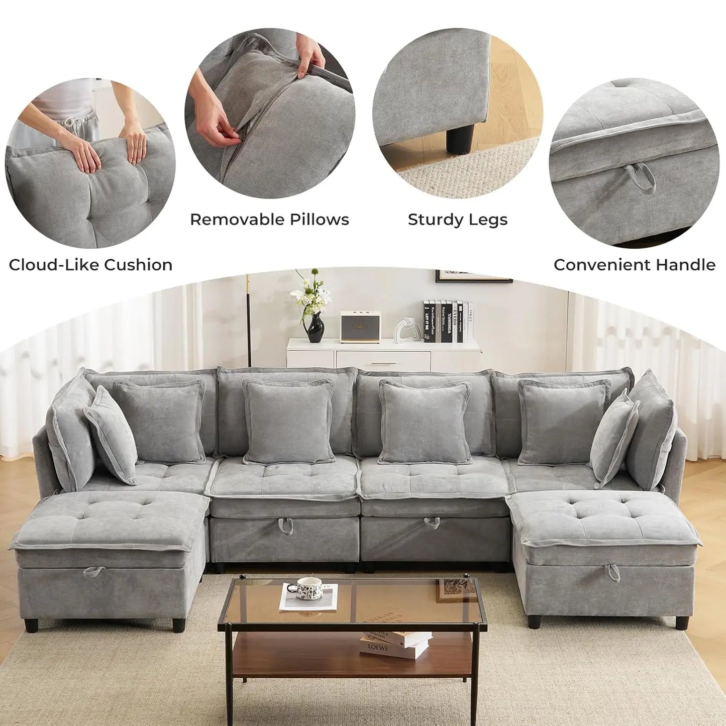 133' U-Shaped Modern Sofa Oversized L-Shaped Sectional Cloud Couch with 2 Ottomans Customizable Home Theater Seating Group