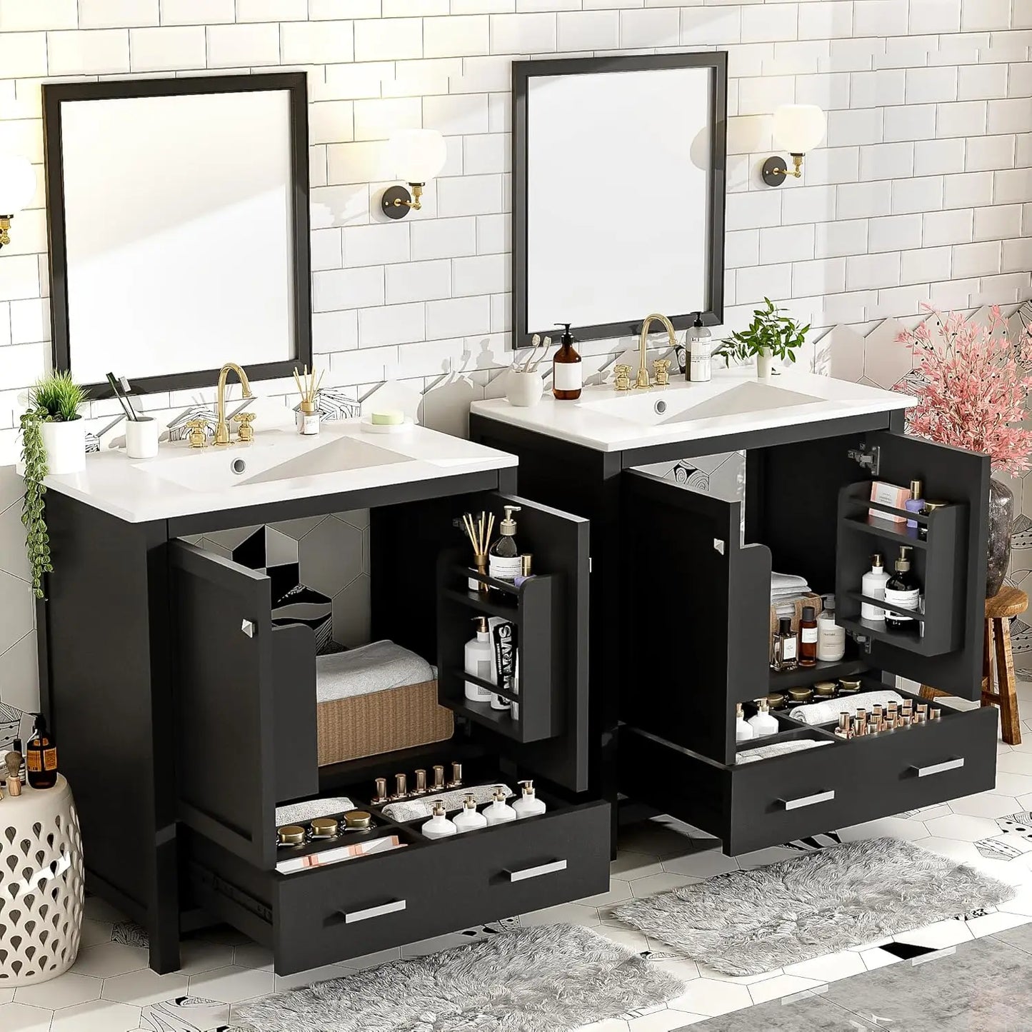 Double Sink Bathroom Vanity Solid Wood Cabinet With Storage Drawers