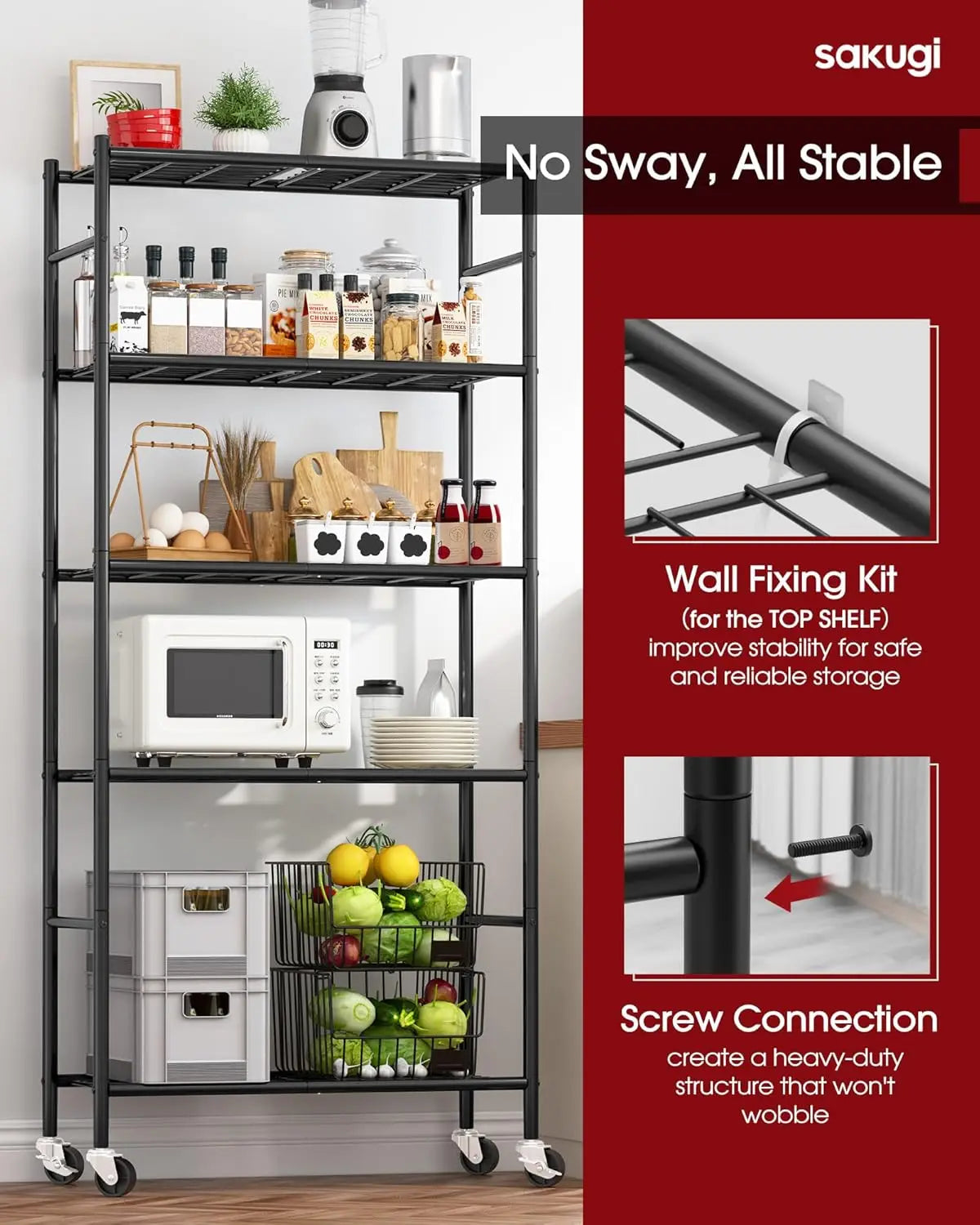 5-Tier Heavy Duty Metal Storage Shelving Unit With Wheels