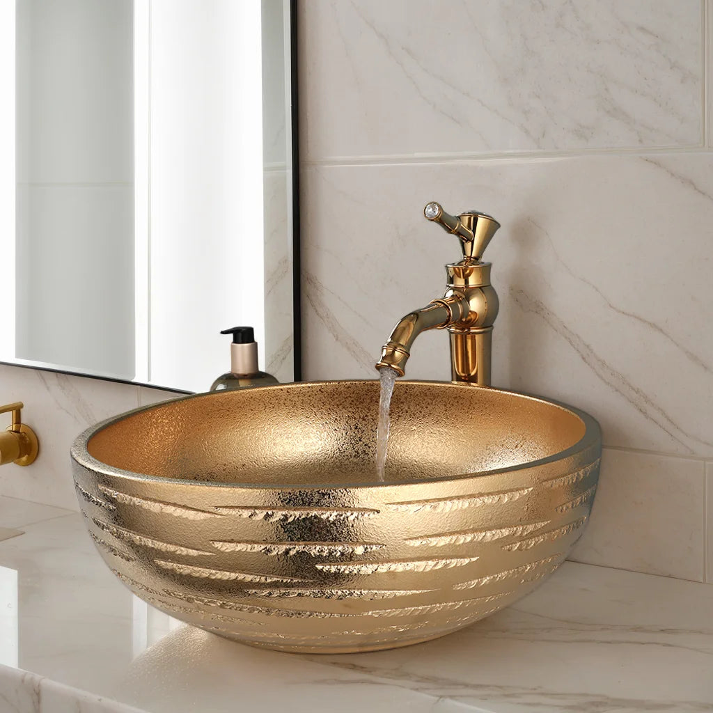 KEMAIDI Round Gold Ceramic Vessel Sink Set, Textured Golden Bathroom Basin with Faucet Luxury Above-Counter Vanity Sink Combo