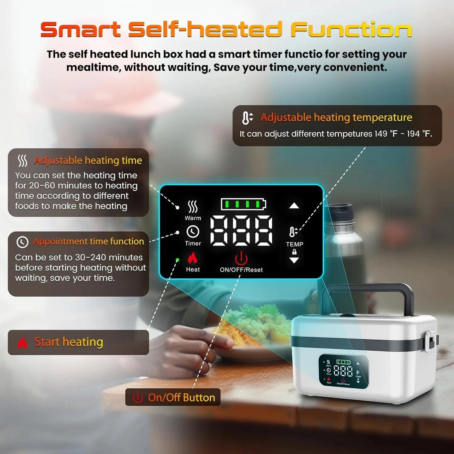 Wireless Insulated Lunch Box With 8000mAh Battery 60W Heating